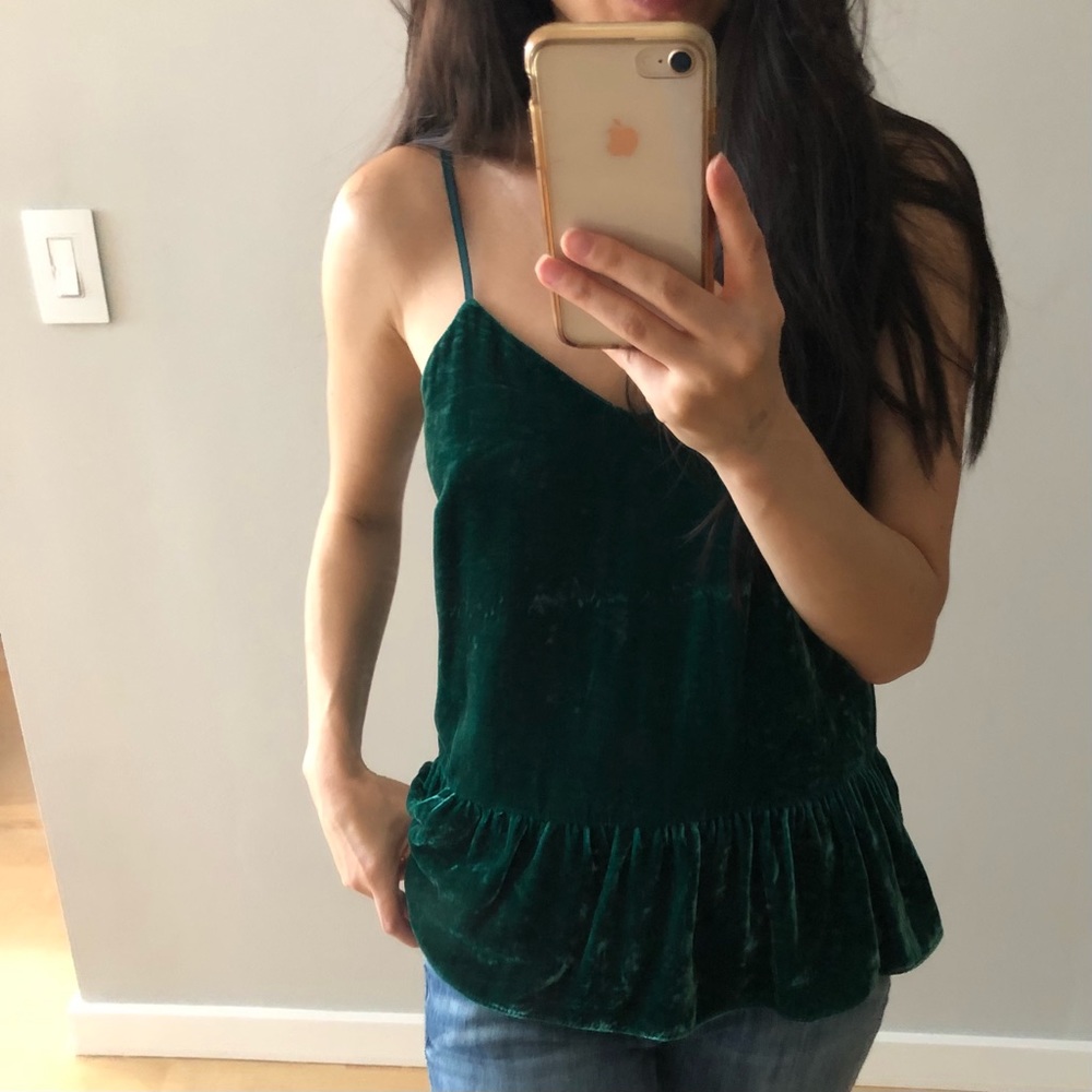 J. Crew ruffle green velvet sleeveless top